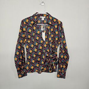 NWT Cupcakes and Cashmere Womens Small Retro Wrap Top Geo Print Lightweight